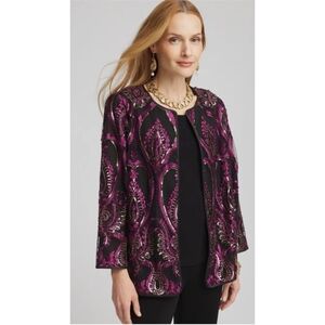 Chicos Sequin Embroidered Open Jacket Sz L Purple Gold Elegant snap closure